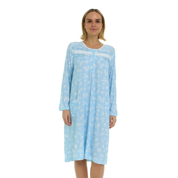 JEFFRICO Womens Long Sleeve Nightgowns Front Side Pocket Sleepwear Soft Pajama Dress Nightshirts Plus Size