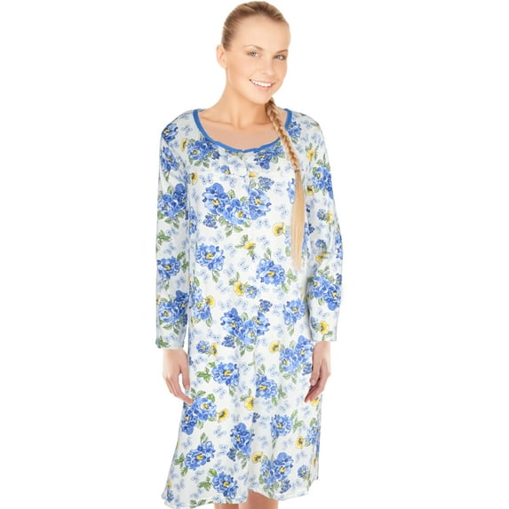 JEFFRICO Womens Long Sleeve Nightgowns Front Side Pocket Sleepwear Soft Pajama Dress Nightshirts