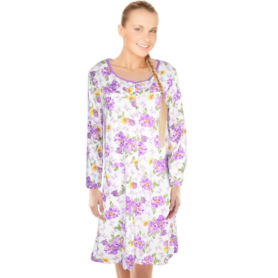 JEFFRICO Womens Long Sleeve Nightgowns Front Side Pocket Sleepwear Soft Pajama Dress Nightshirts