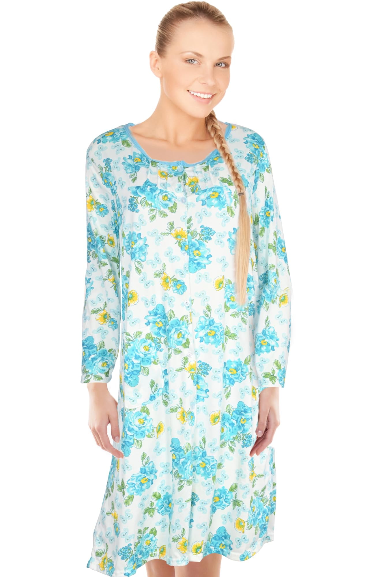 JEFFRICO Womens Long Sleeve Nightgowns Front Side Pocket Sleepwear Soft Pajama Dress Nightshirts