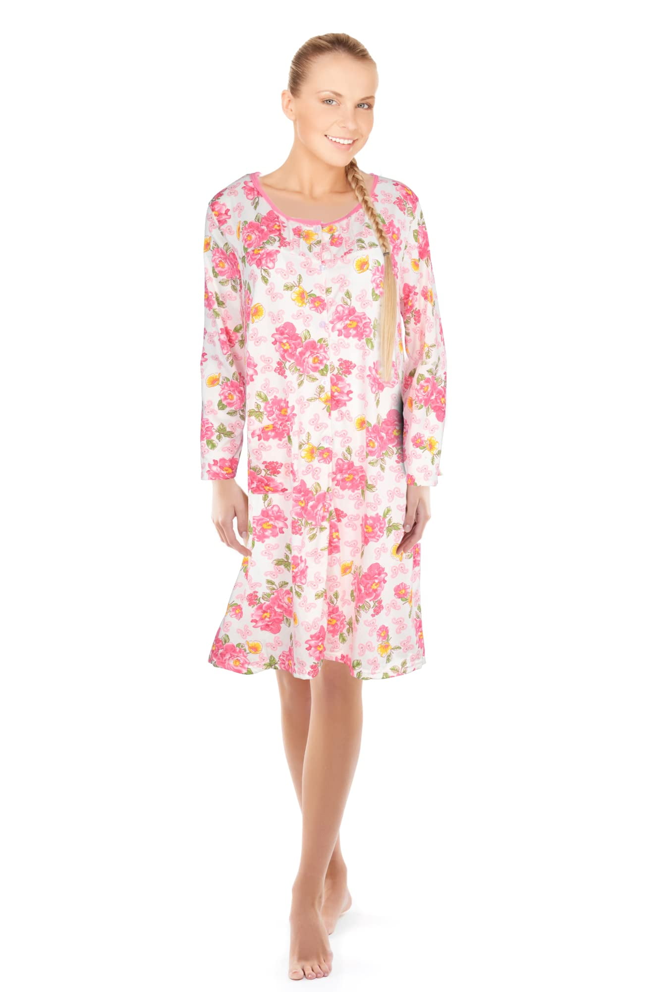 JEFFRICO Womens Long Sleeve Nightgowns Front Side Pocket Sleepwear Soft