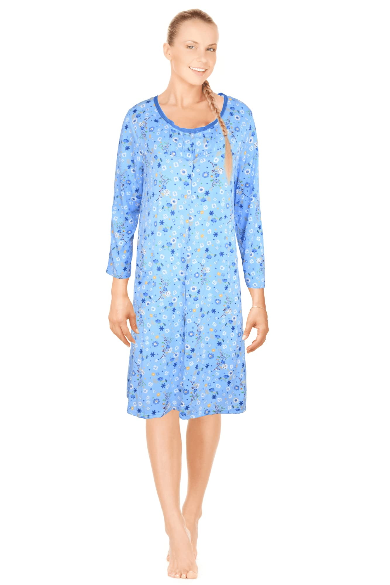 JEFFRICO Womens Long Sleeve Nightgowns Front Side Pocket Sleepwear Soft