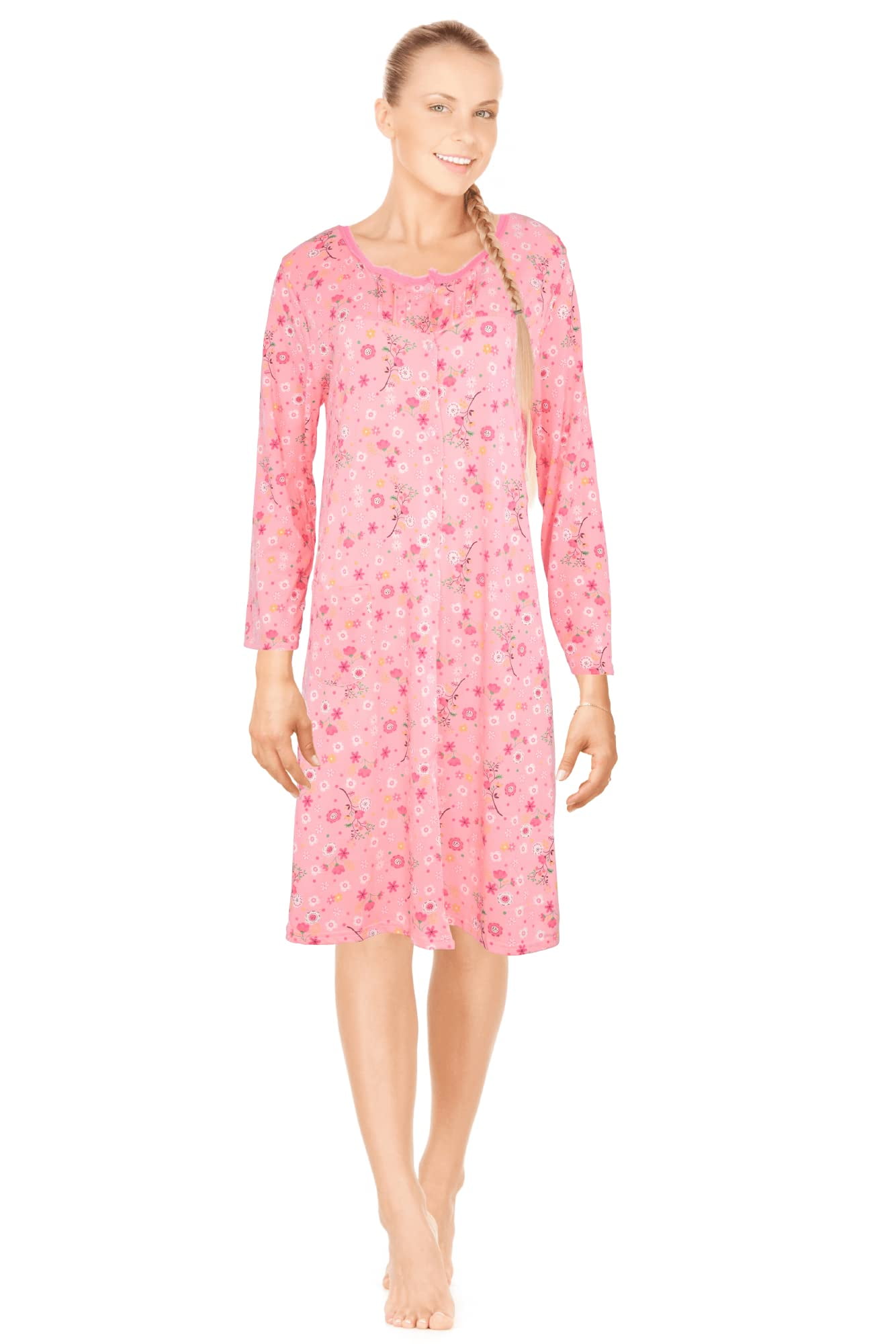 JEFFRICO Womens Long Sleeve Nightgowns Front Side Pocket Sleepwear Soft