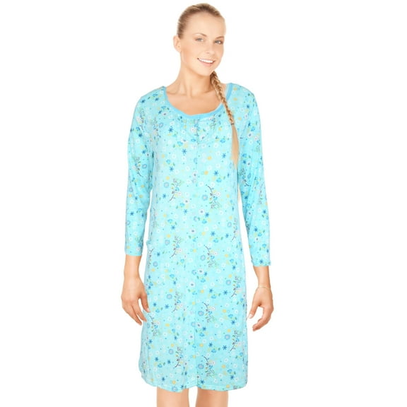 JEFFRICO Womens Long Sleeve Nightgowns Front Side Pocket Sleepwear Soft Pajama Dress Nightshirts