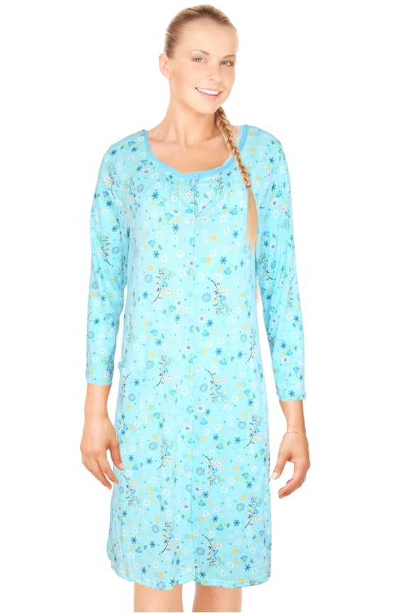 Womens Long Sleeve Nightgowns Front Side Pocket Sleepwear Soft Pajama Dress Nightshirts