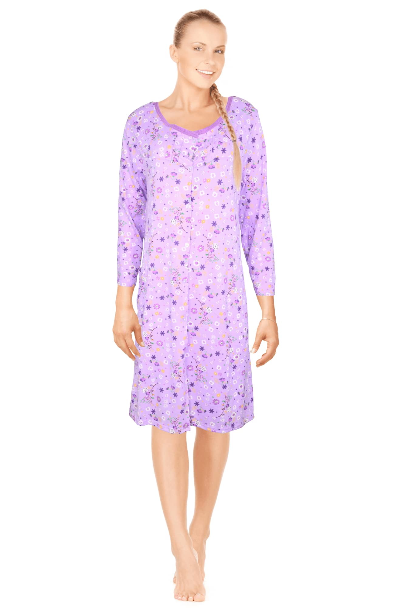 JEFFRICO Womens Long Sleeve Nightgowns Front Side Pocket Sleepwear Soft