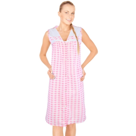 JEFFRICO Womens Snap Front Housecoat Lounger Duster House Dress Sleeveless Nightgowns Robe Plus Size