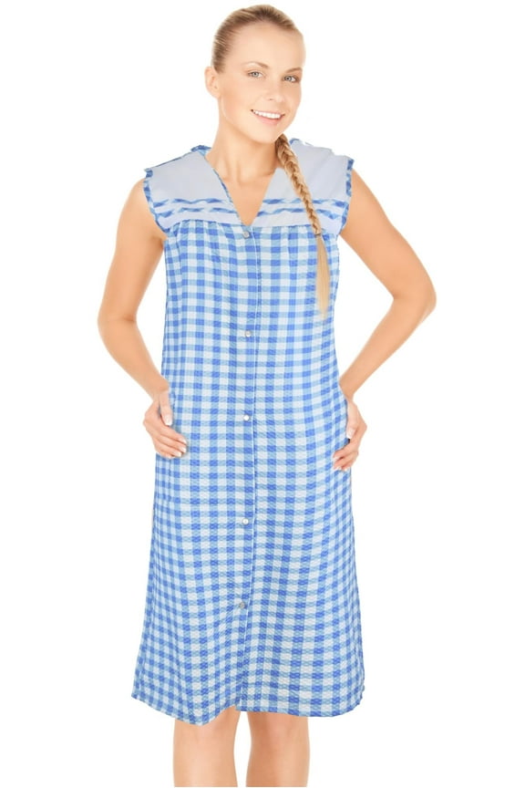 Womens Snap Front Housecoat Lounger Duster House Dress Sleeveless Nightgowns Robe Plus Size