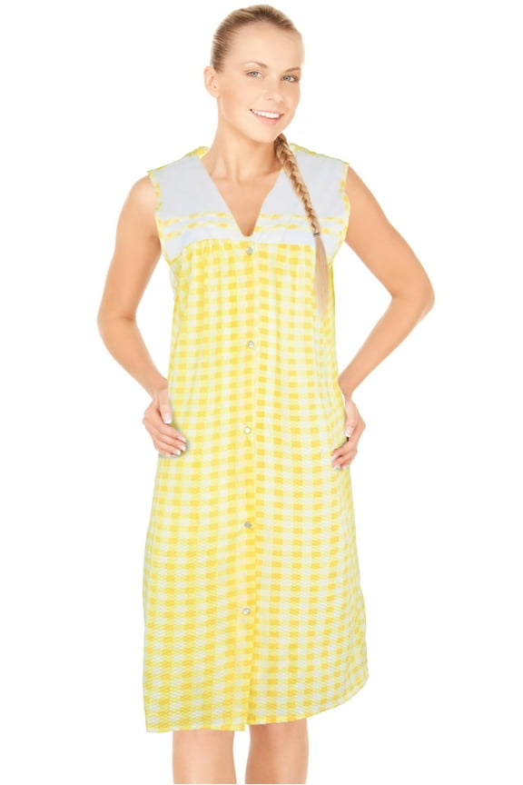 House Dresses for Women with Pockets - Lightweight Breathable Sleeveless Muumuu & Nightgowns - Snap Front Housecoat and Dusters for Women