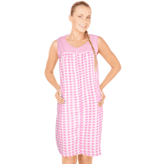 JEFFRICO House Dresses for Women with Pockets - Lightweight Breathable Sleeveless Muumuu & Nightgowns - Zipper Front Housecoat and Dusters for Women