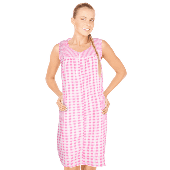 JEFFRICO House Dresses for Women with Pockets - Lightweight Breathable Sleeveless Muumuu & Nightgowns - Zipper Front Housecoat and Dusters for Women