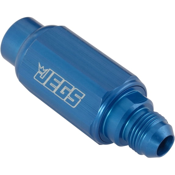 JEGS Compact Billet Aluminum In-Line Fuel Filter, 2 5/16 in. Long [-8 AN Male/Female, Blue]