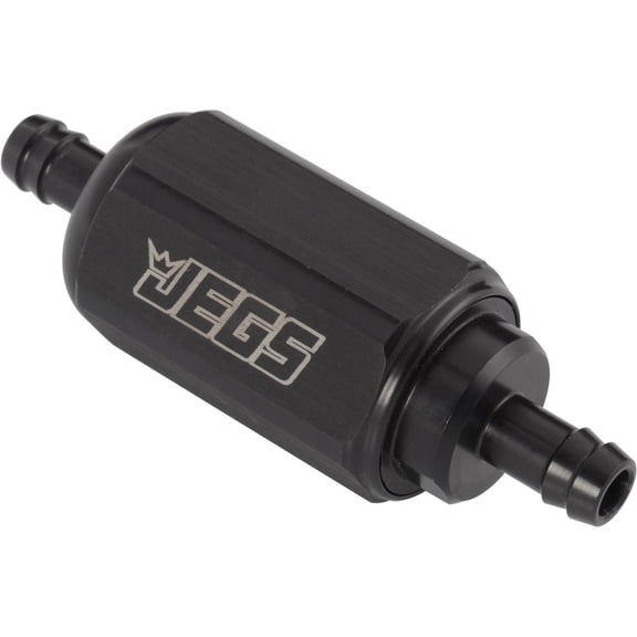 JEGS Compact Billet Aluminum In-Line Fuel Filter, 2 5/16 in. Long [3/8 in. Male/Male Hose Barb, Black]