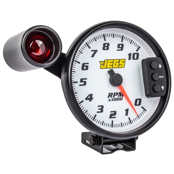 JEGS 5 in. Tachometer with Shift Light and Peak RPM Memory Recall, 0-10,000 RPM [White Face with Black Bezel]