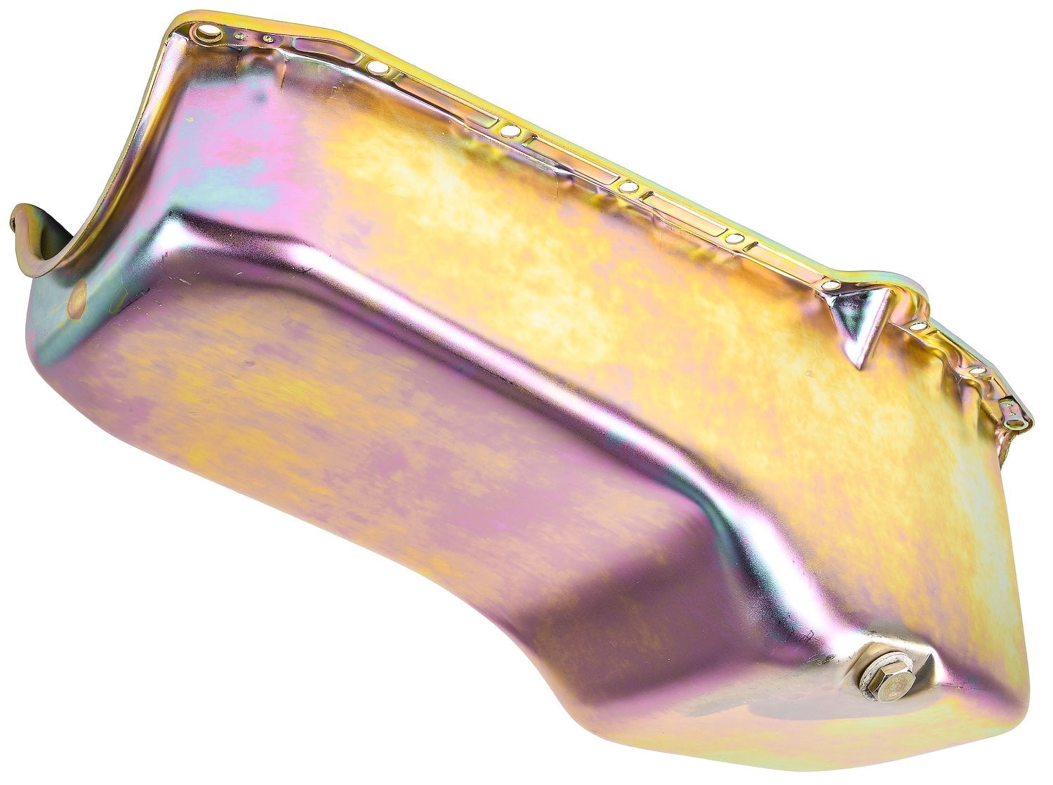 JEGS Stock Replacement Oil Pan for 1955-1979 Chevy Small Block Engines w/Left Hand Dip Stick & 2-Piece Rear Main Seal [Gold Zinc]