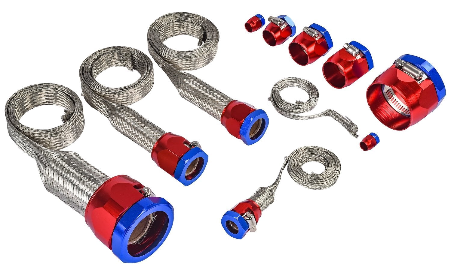 JEGS Braided Hose Sleeving Kit with Clamps [Red and Blue Anodized Hose Clamp Covers]