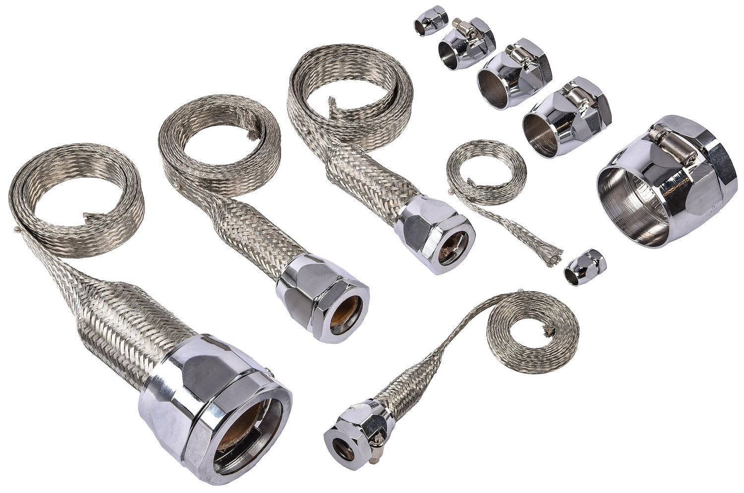JEGS Braided Hose Sleeving Kit with Clamps [Chrome Hose Clamp Covers]