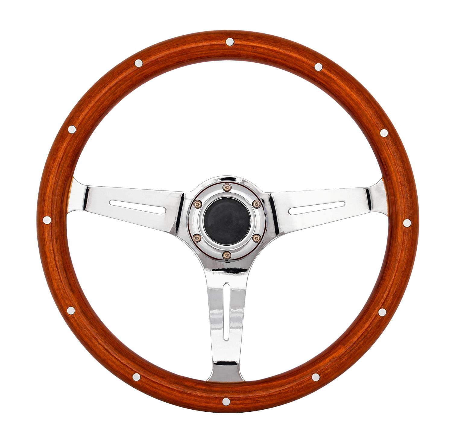 JEGS Classic Walnut Wood Grain Steering Wheel, Chrome Slotted 3Spoke