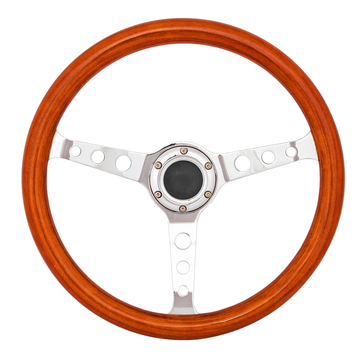 JEGS Classic Walnut Wood Grain Steering Wheel, Chrome Tri-Hole 3-Spoke ...