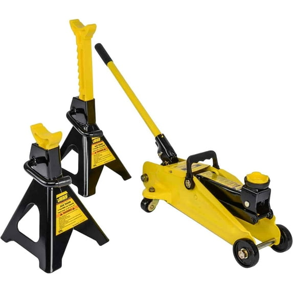 JEGS Hydraulic Utility Floor Jack and Jack Stands | 2-Ton Capacity | Heavy Gauge Steel Frames | Powder Coated Black and Yellow | Heavy Duty Caster Wheels on Floor Jack