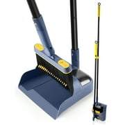 JEHONN 54 inches Long Handle Broom and Dustpan Set, Upright Dust Pans Outdoor  for Home (Dark Blue)
