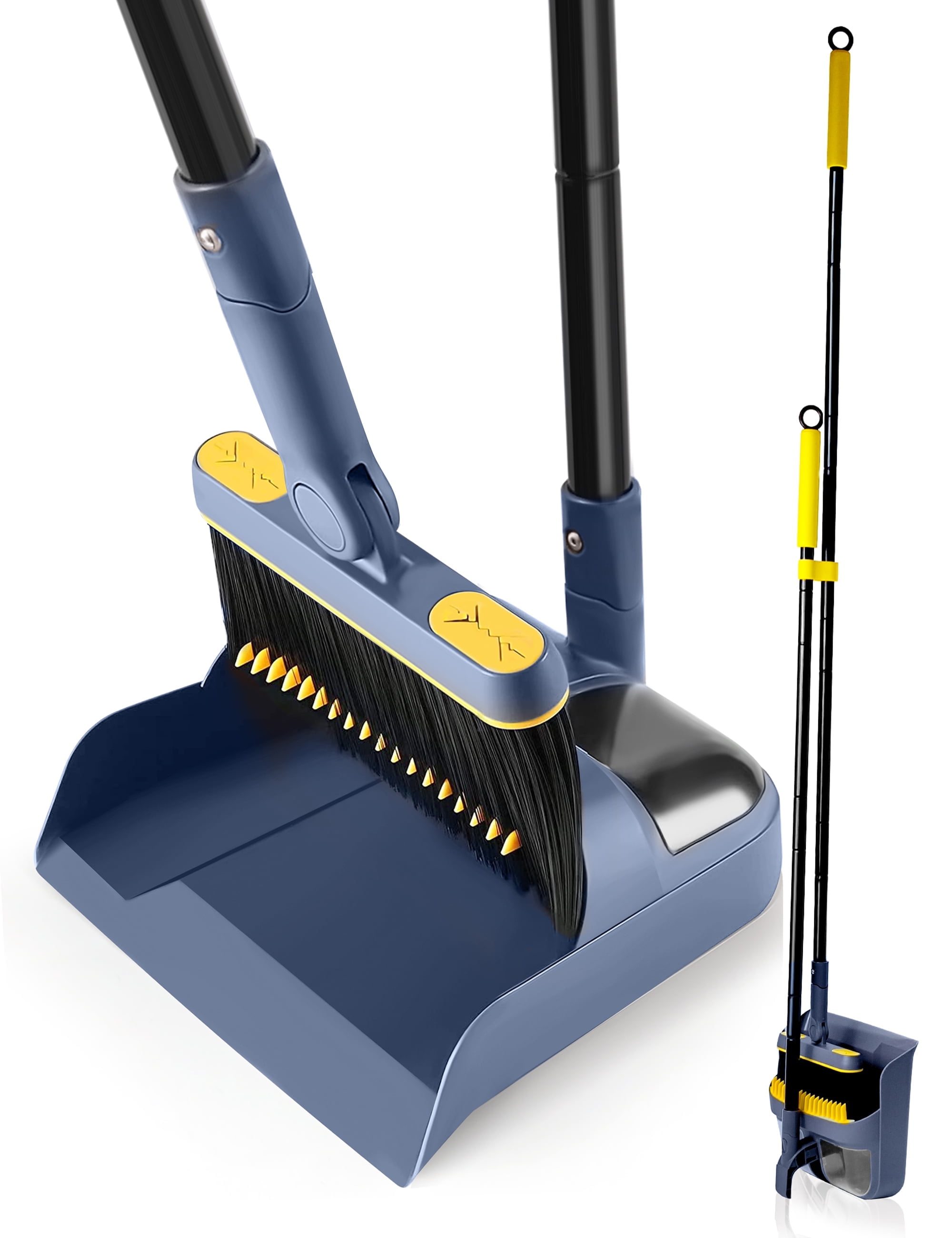 JEHONN 54 inches Long Handle Broom and Dustpan Set, Upright Dust Pans Outdoor  for Home (Dark Blue)