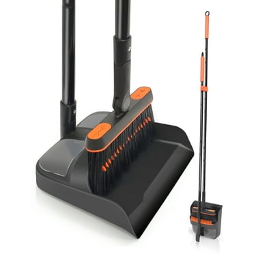 JEHONN 54 inches Long Handle Broom and Dustpan Set for Home (Black Orange)