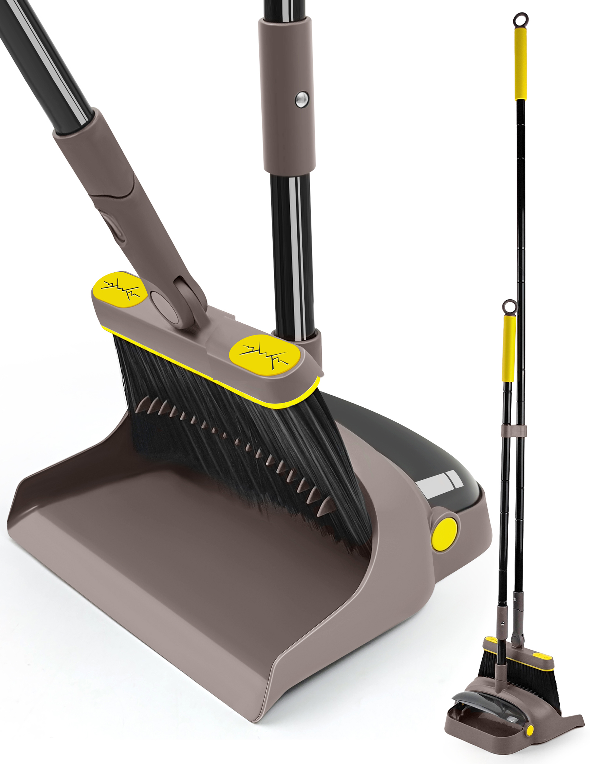 JEHONN Broom and Dustpan with Comb Teeth for Home (Brown and Yellow