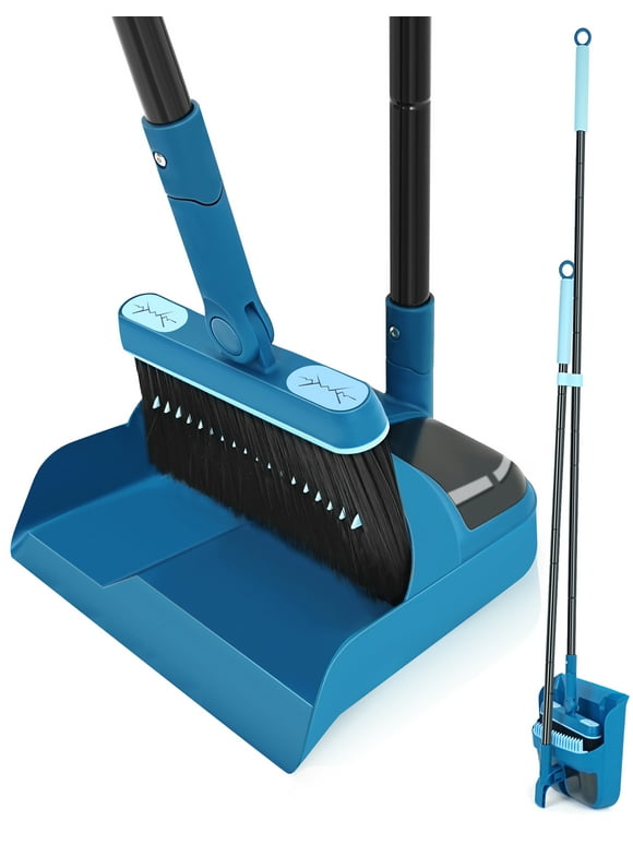 JEHONN Broom and Dustpan Set for Home with 54 inches Long Handle (Blue)