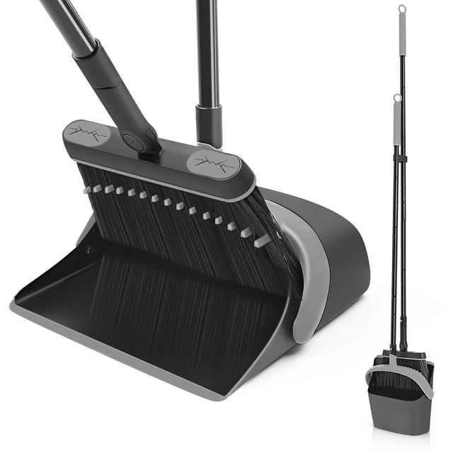 JEHONN Dustpan and Broom Set with 54 inches Long Handle (Black Grey