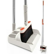 JEHONN Broom and Plastic Dust Pans Set for Home with 54 inches Long Handle Grey&Red