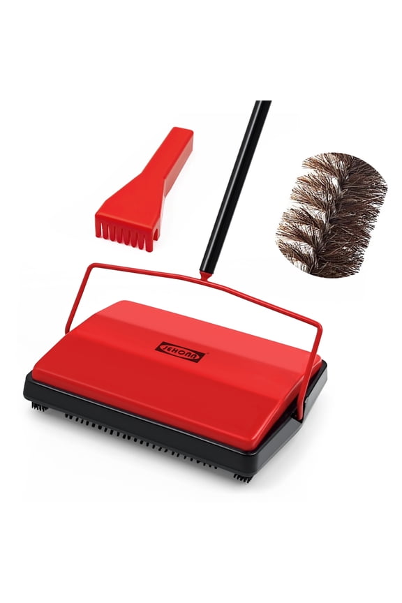 Carpet Floor Sweeper with Horsehair Brush, Adjustable Handle, Red, Non-Electric, Manual