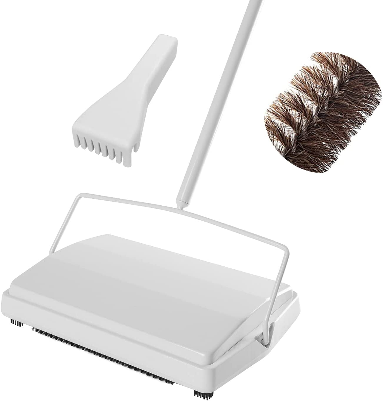 White Lightweight Manual Carpet Sweeper with Horsehair Brush