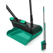 JEHONN Dustpan and Broom Set with 53.5 inches Long Handle Transparent Cover Green