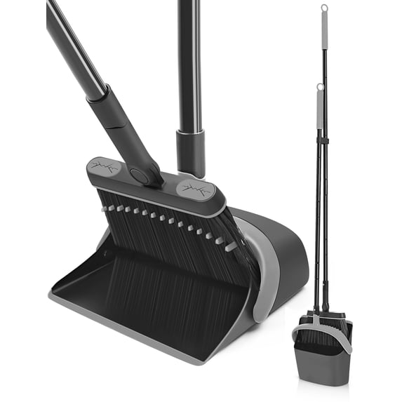 JEHONN Dustpan and Broom Set with 54 inches Long Handle (Black Grey)
