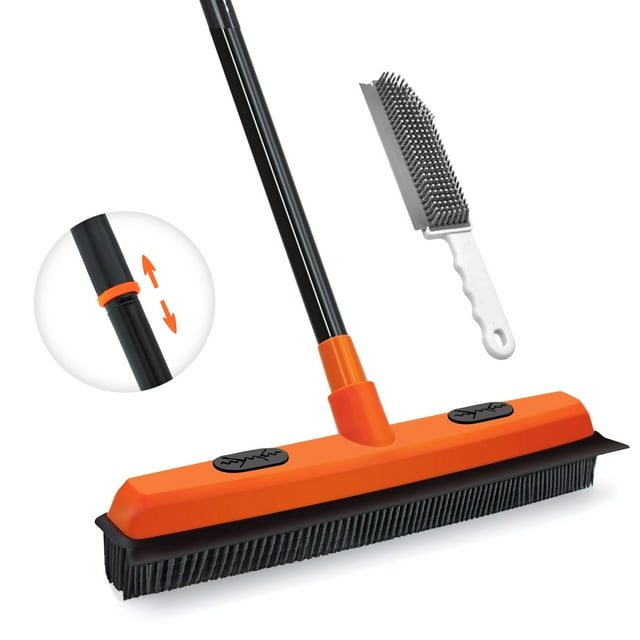 JEHONN Rubber Broom with Squeegee Carpet Rake for Pet Hair Remover