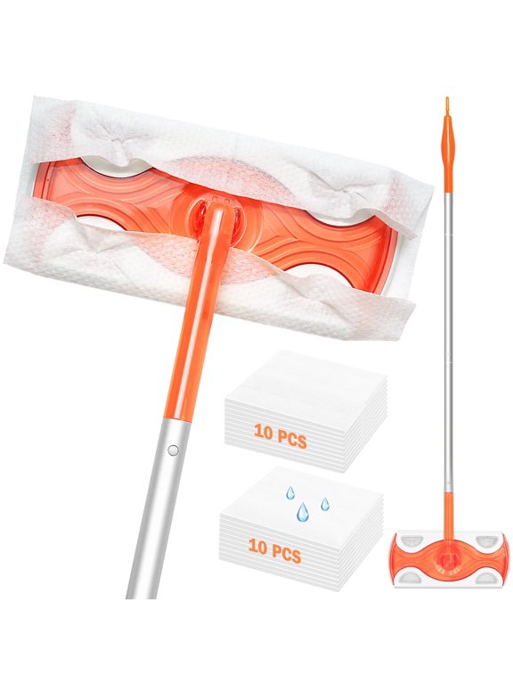 Sweeper Mop with 20 Pcs Cloths, 2-in-1 Starter Kit for Multi Surface Cleaning (Orange)