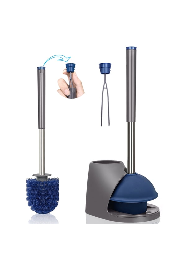 Toilet Plunger and Brush Set with Holder and Hidden Tweezer (Gray)
