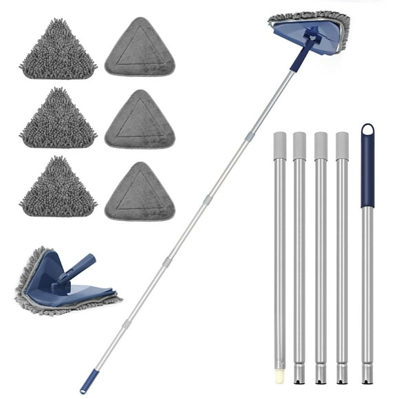 JEHONN Triangle Wall Mop Dusters with 6 Replacement Microfiber Chenille Pads (Blue)