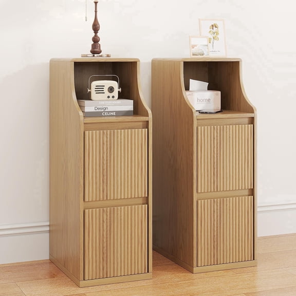 JEJEGORICH Narrow Nightstand Set of 2, Fluted Mid Century Modern Bedside Table with 2 Drawers, Slim Side Table for Small Space, Natural