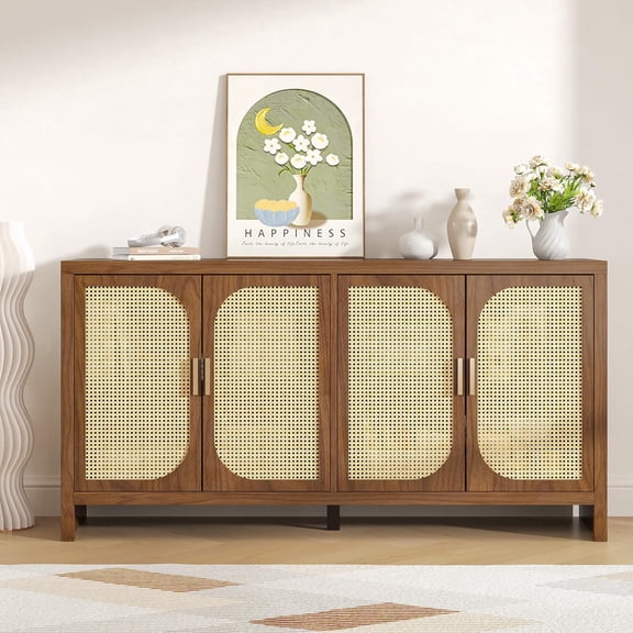 JEJEGORICH Rattan Sideboard Buffet Cabinet, Wooden Storage Cabinet, Console Cabinet, Entryway Cabinet with Storage, Coffee Bar Cabinet, Kitchen, Dining Room, Walnut