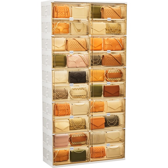 JEKO&JEKO 10-Tier Double Column Foldable Purse and Handbag Storage Cabinet, White Large Organizer with Magnetic Doors