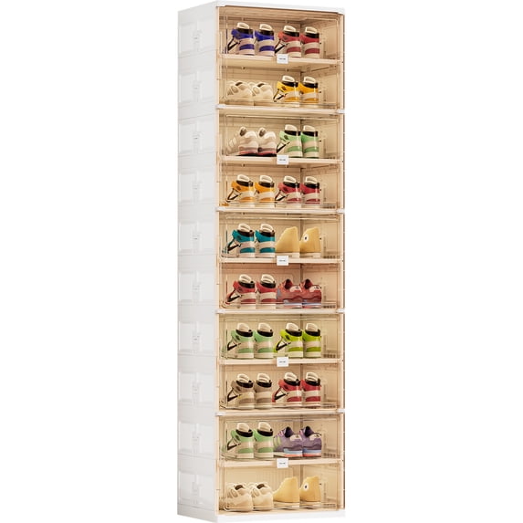 JEKO&JEKO 10-Tier Foldable Shoe Storage Rack with Magnetic Doors, White