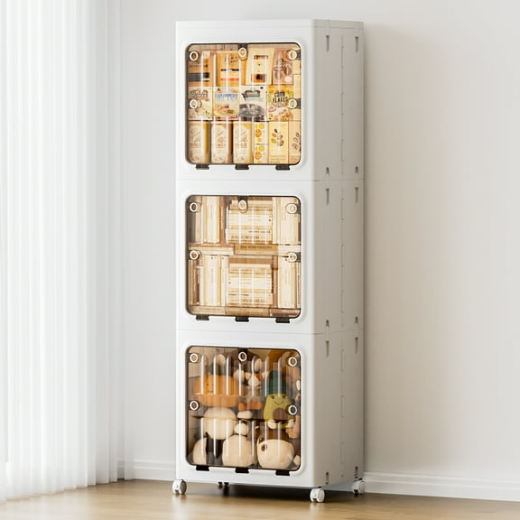 JEKO&JEKO 3-Tier Bathroom Storage Cabinet with Wheels, Lockable Doors, Plastic Organizer for Kitchen, Laundry Room, White