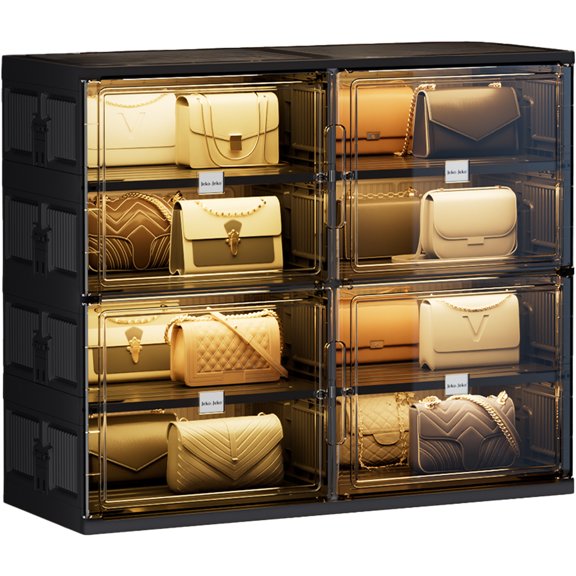 JEKO&JEKO 4-Tier Double Column Foldable Purse and Handbag Storage Cabinet, Black Large Organizer with Magnetic Doors