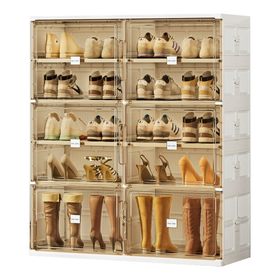 JEKO&JEKO 5-Tier Double Column Foldable Shoe Storage Rack with Magnetic Doors, White