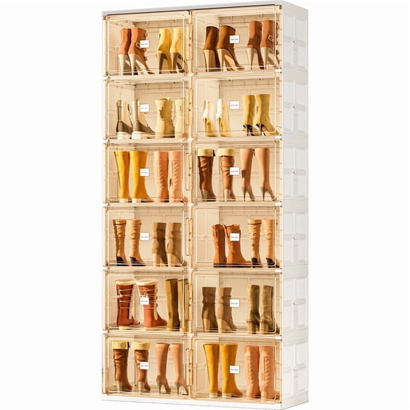 JEKO&JEKO 6-Tier Double Column Boot Storage Cabinet, Foldable Large Capacity Shoe Organizer with Magnetic Doors, Stackable Shoe Storage for Boots, Sneakers & High Tops, White