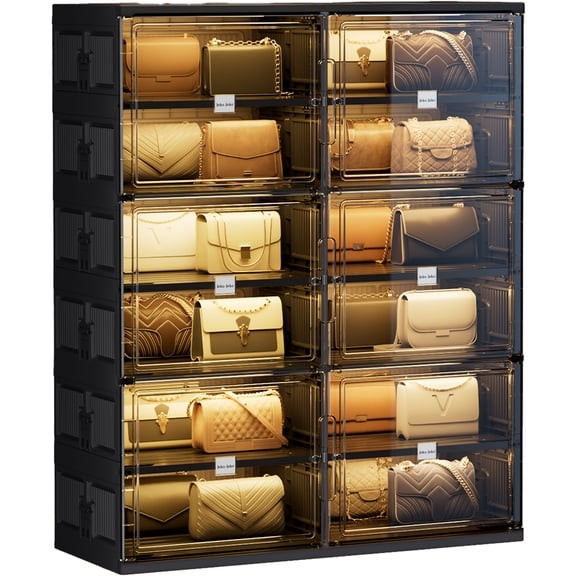 JEKO&JEKO 6-Tier Double Column Foldable Purse and Handbag Storage Cabinet, Black Large Organizer with Magnetic Doors