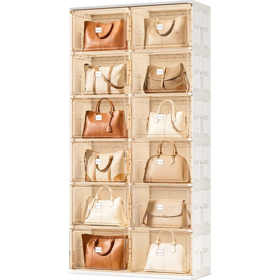 JEKO&JEKO 6-Tier Double Column Handbag Storage Cabinet, Foldable Large Capacity Purse Organizer with Magnetic Doors, Stackable Closet Storage Cabinet, White