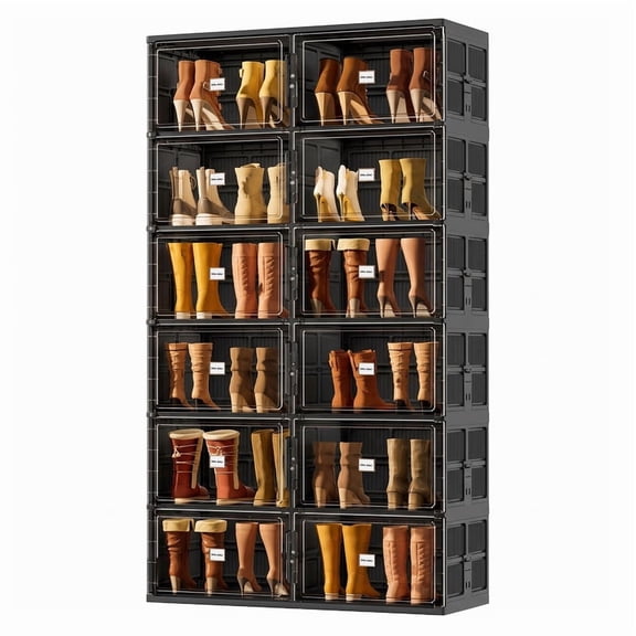 JEKO&JEKO 6-Tier Double Column Shoe Storage Cabinet, Foldable Large Capacity Shoe Organizer for Boots and High-Top Shoes, Magnetic Doors, Stackable Closet Storage Cabinet, Black